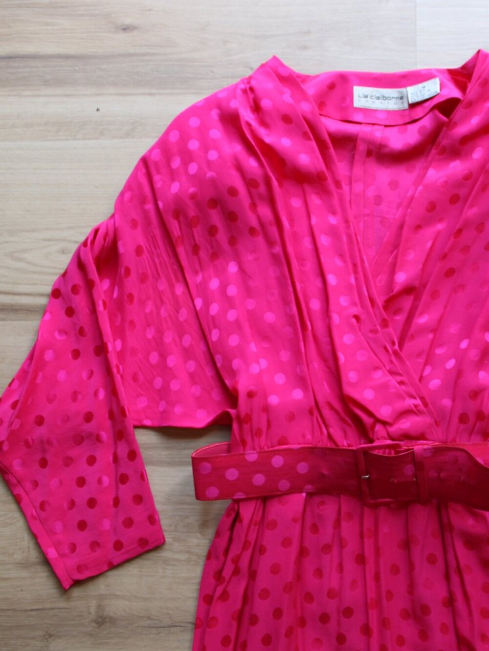 Vintage Liz Claiborne 100% Silk Hot Pink Polka-Dot Long Sleeve Midi Dress - Picture 2 of 16